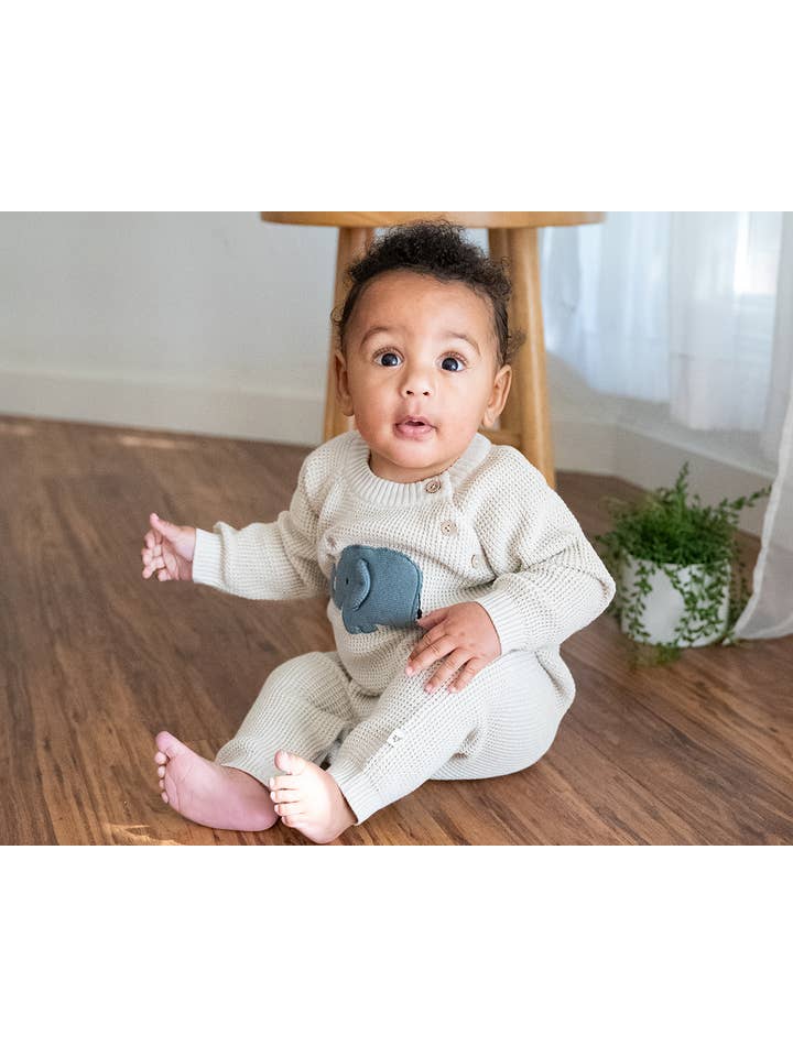 Stone Elephant Jacquard Knit Baby Jumpsuit (Organic) for wholesale on Faire