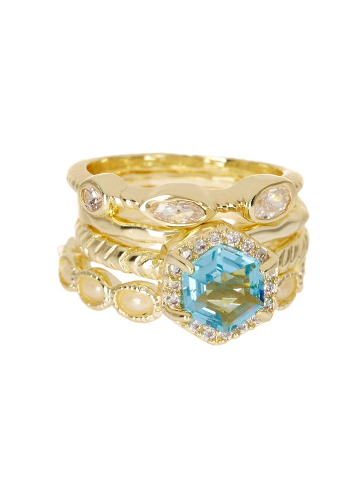 Aquamarine Crystal Stack Ring Set - GF for wholesale by Zoey Simmons