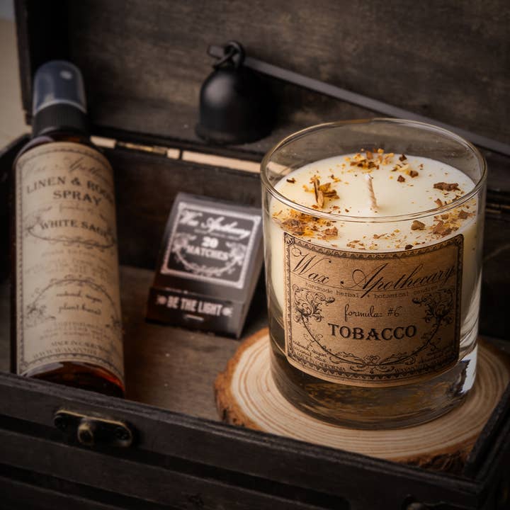 Wax Apothecary - Wholesale Jar/Filled Candle - Tobacco Botanical Candle in Scotch Glass with Gift Box 7oz1