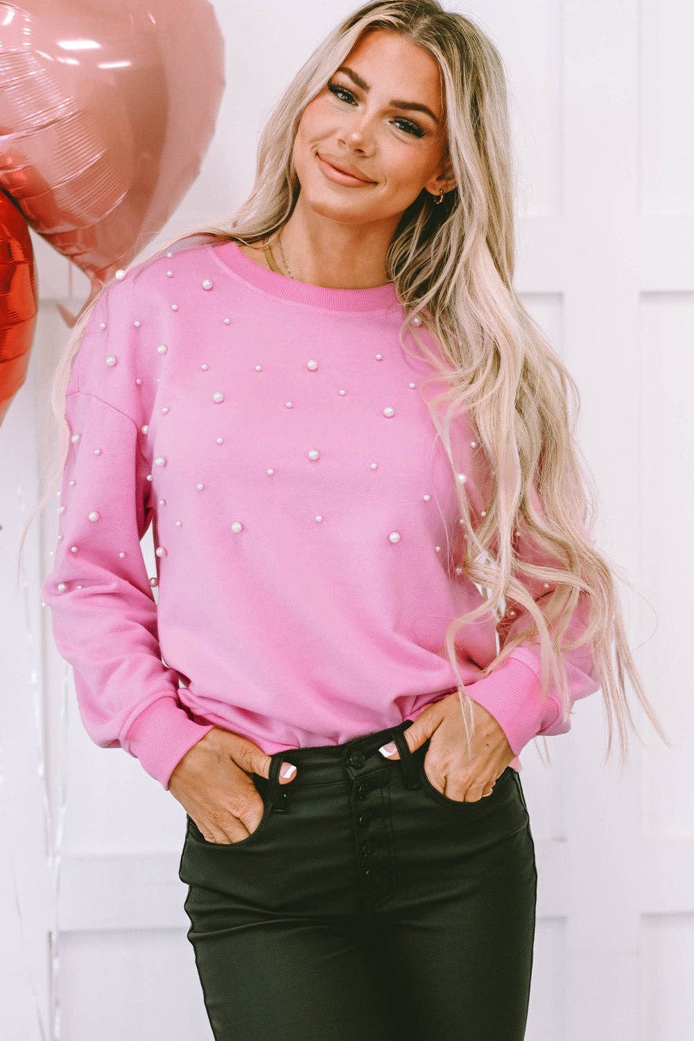 Pink Lilah Pearl Detail Ribbed Crew Neck Sweatshirt for wholesale on Faire3