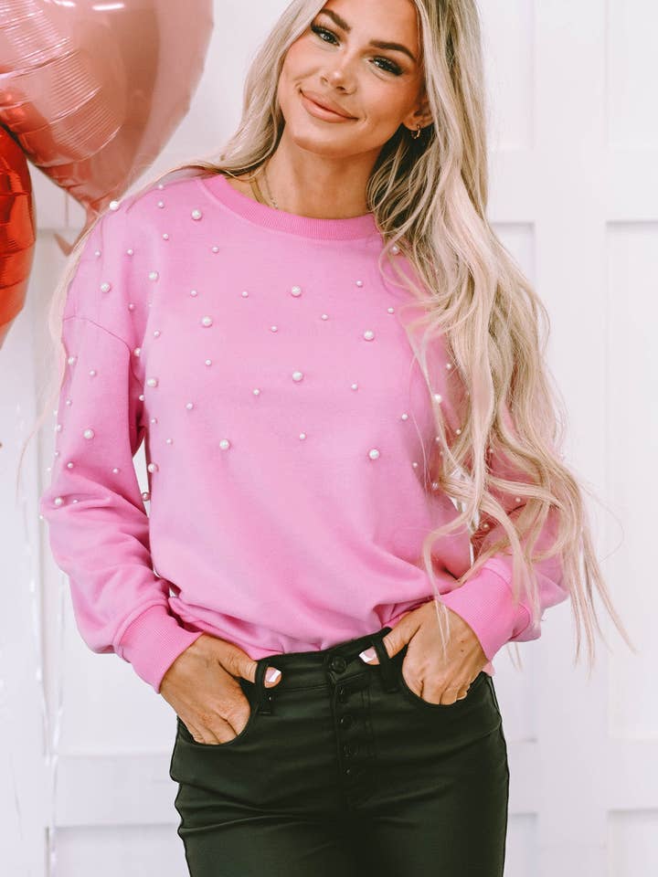 Pink Lilah Pearl Detail Ribbed Crew Neck Sweatshirt for wholesale on Faire3