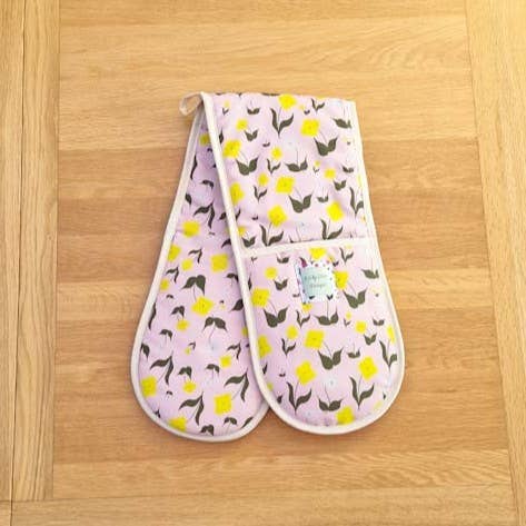 Organic Cotton Double Oven Glove - First Flowers Ballet Pink for wholesale by Nicky Web Designs