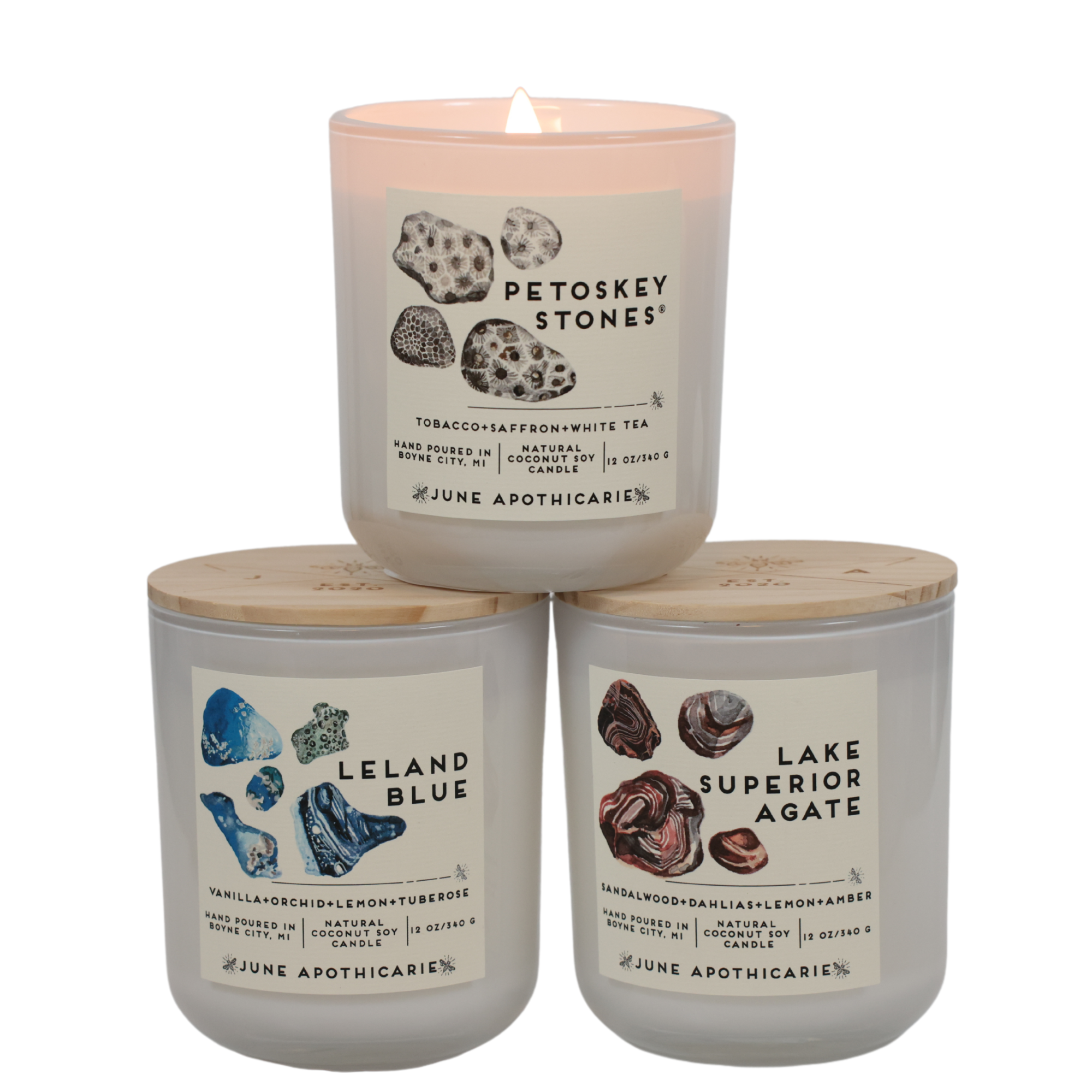 June Apothicarie - Wholesale Jar/Filled Candle - Petoskey Stones® 12 oz Glass Wooden Wick Candle3