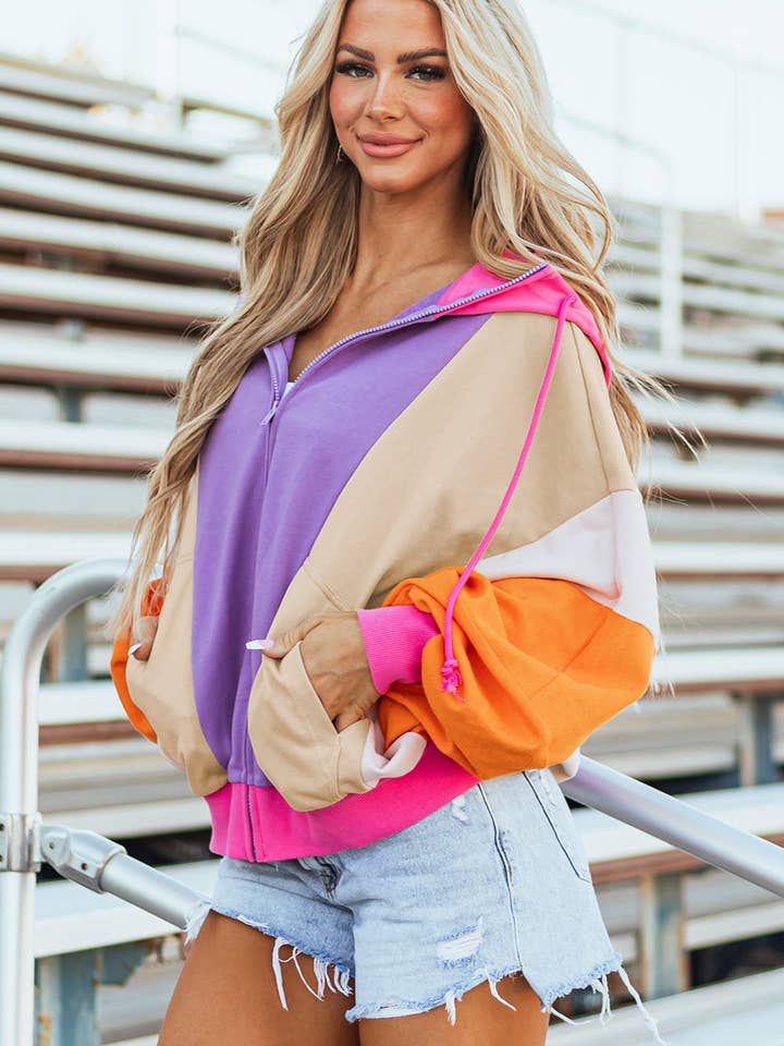 Grapefruit Orange FB Colorblock Patchwork Front Zip Up Hoodie for wholesale on Faire2