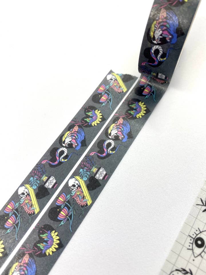 Conception de croquis de flash de tatouage Ruban Washi crânes gothiques fleurs couleurs pop 15mm pour la vente par Killerviews