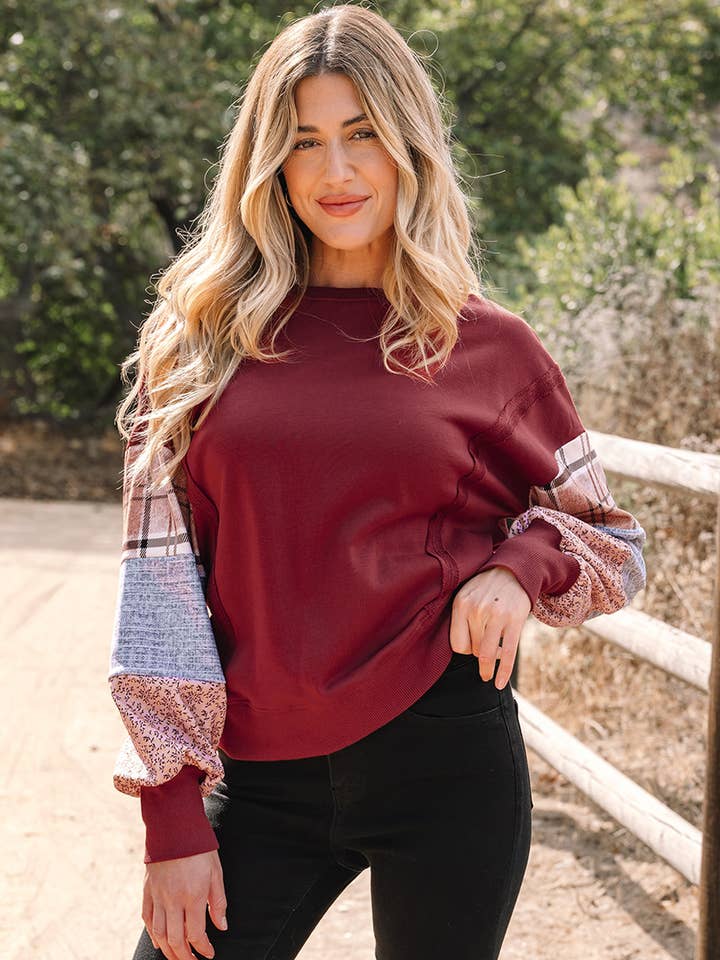 LALA LOO - Wholesale Sweatshirt - Women's - LALALOO Plaid Patchwork Sleeve Raw Seam Sweatshirt6