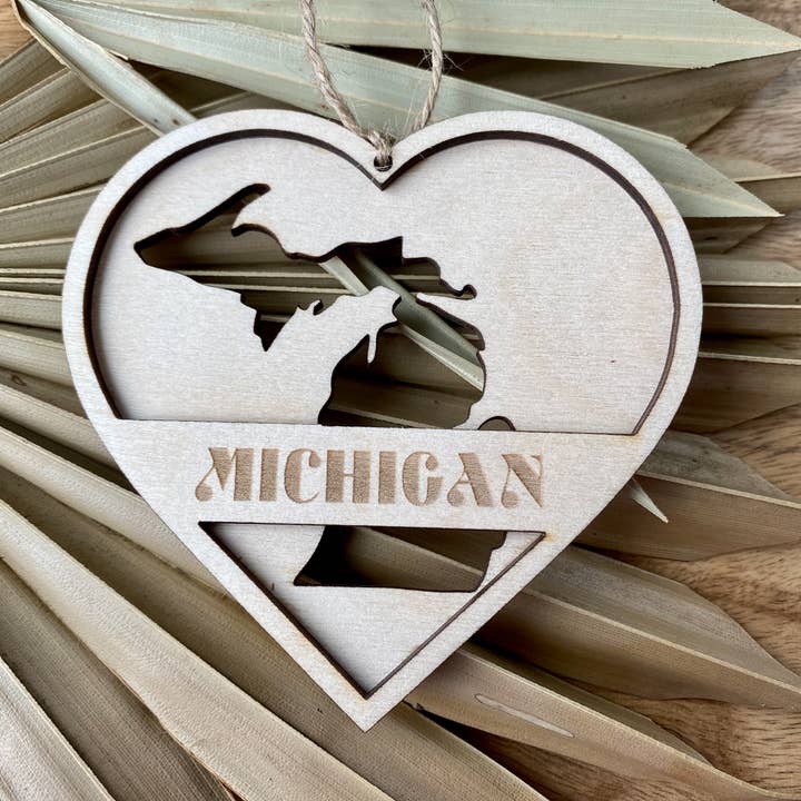Feather and Birch - Wholesale Ornament - Michigan Heart 3D Wood Ornament1