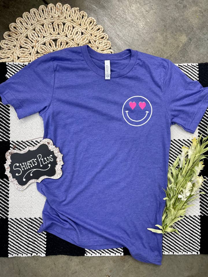 Smiley Hearts Graphic Tee for wholesale by Shirts Plus, Inc.