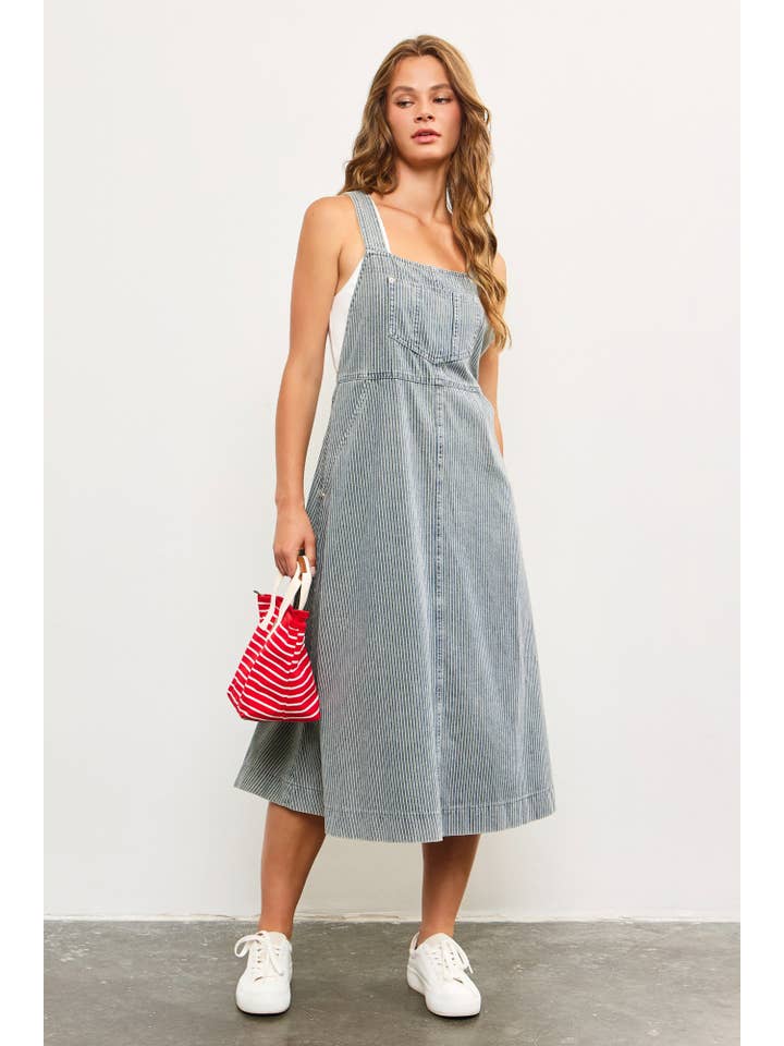 SAND WASH STRIPED DENIM SUSPENDERS SLEEVELESS LONG DRESS for wholesale on Faire