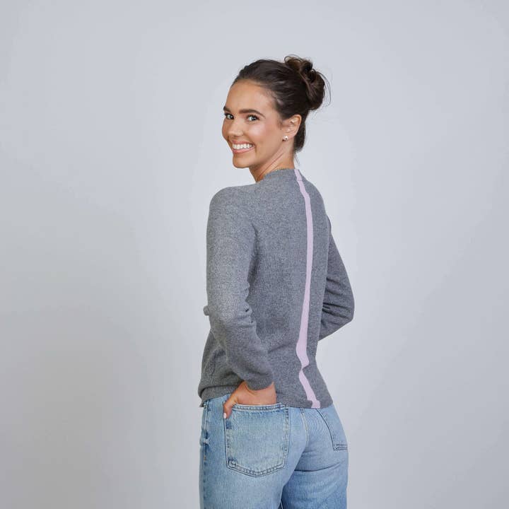 Highland Stripe 100% Mongolian Cashmere Sweater in Gray with Lilac for wholesale by erin gray