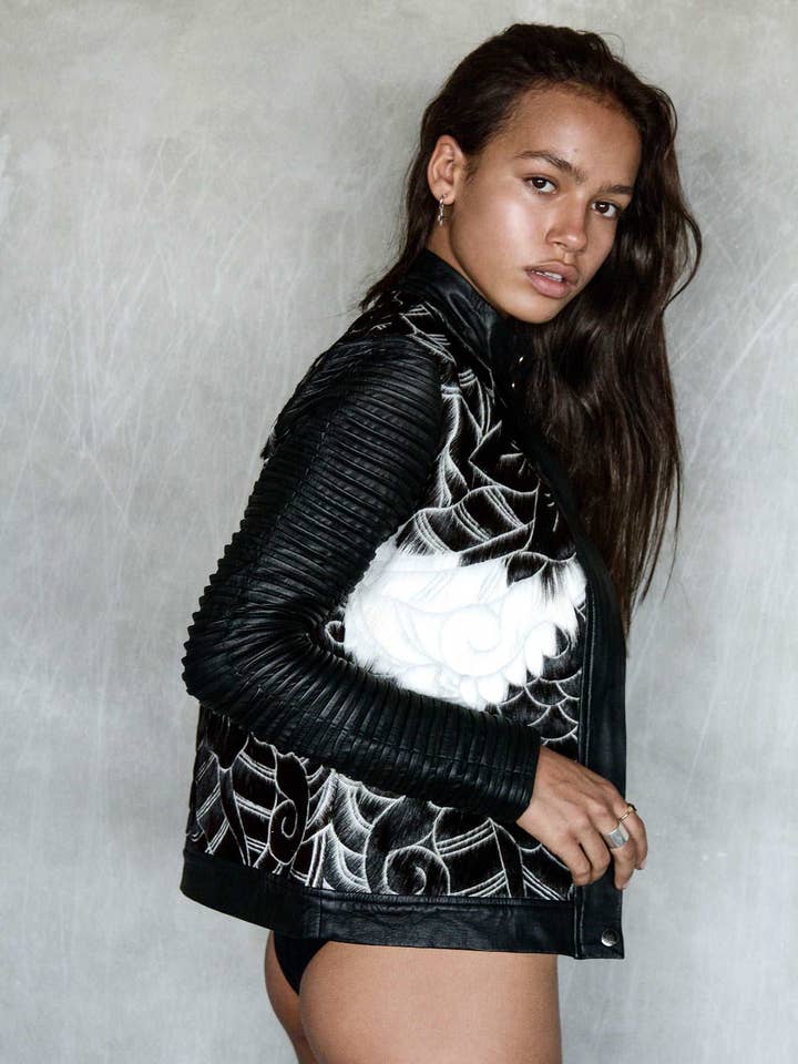 Chaqueta Biker de Cuero Barroca - Negro Blanco para venta al por mayor de Rocky Rafaela