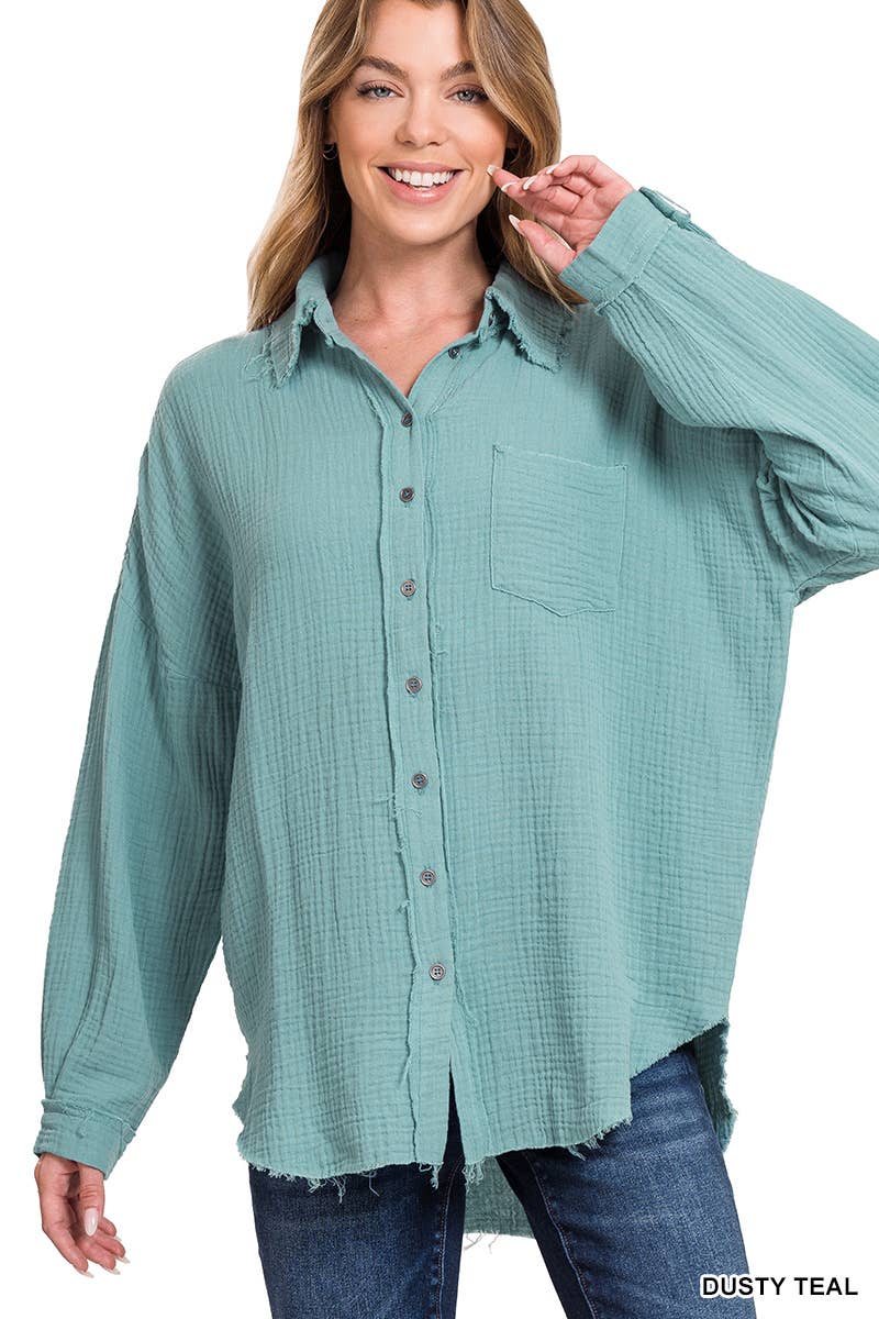 42POPS - Wholesale Button Down Shirt - Women's - `.Oversized Raw Edge Shirt W/ Back Patch44