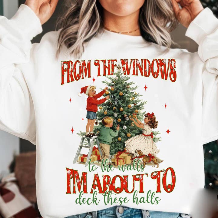 DLT Ecommerce - Wholesale T-Shirt (Graphic) - Women's - Funny I'm About To Deck These Halls Tee, Retro Xmas Sweater
