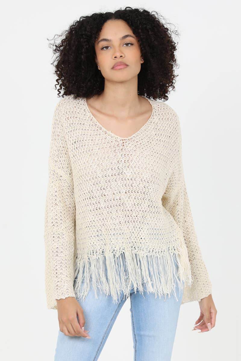 ANGIE - Wholesale Knit Sweater - Women's - XHN03-ASIS V NECK FRINGE HEM PULLOVER SWEATER1