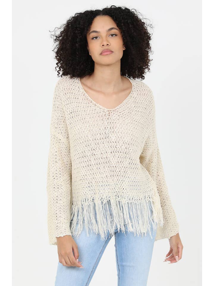 ANGIE - Wholesale Knit Sweater - Women's - XHN03-ASIS V NECK FRINGE HEM PULLOVER SWEATER1