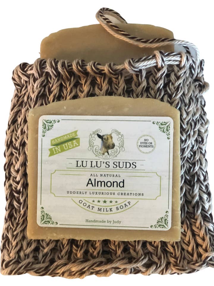 Soap Bag 100% Cotton Hand Knitted Monkey Brown & Antique Cream for wholesale by Lu Lu's Suds