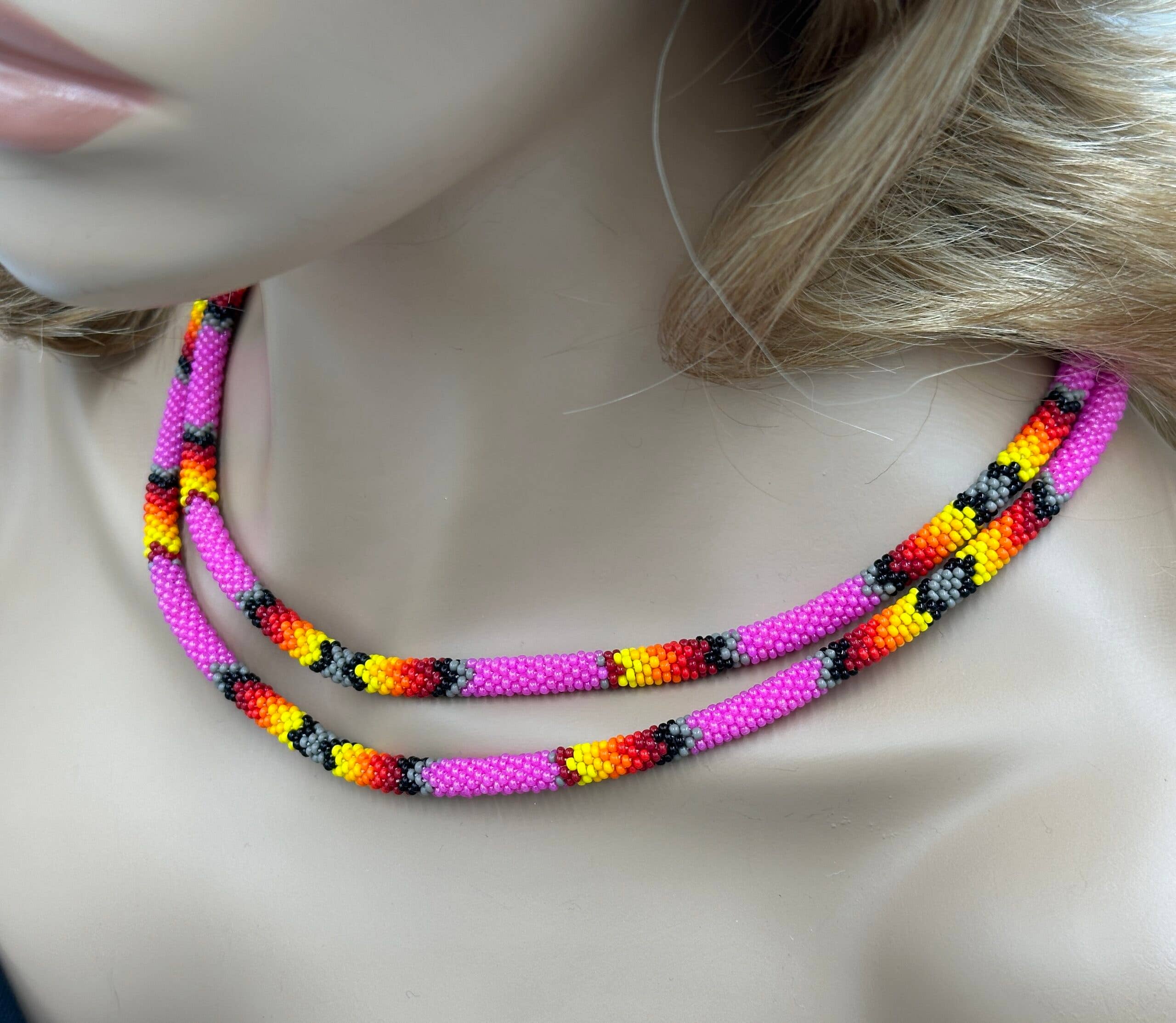 BEADS CORNER - Wholesale Woven Necklace - Handmade Beaded Deep Pink Rope double layered necklace3