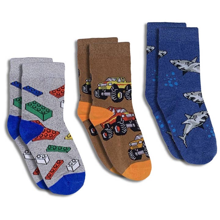 Building Blocks, Trucks and Sharks Kids Socks / 3-Pack for wholesale by Good Luck Sock