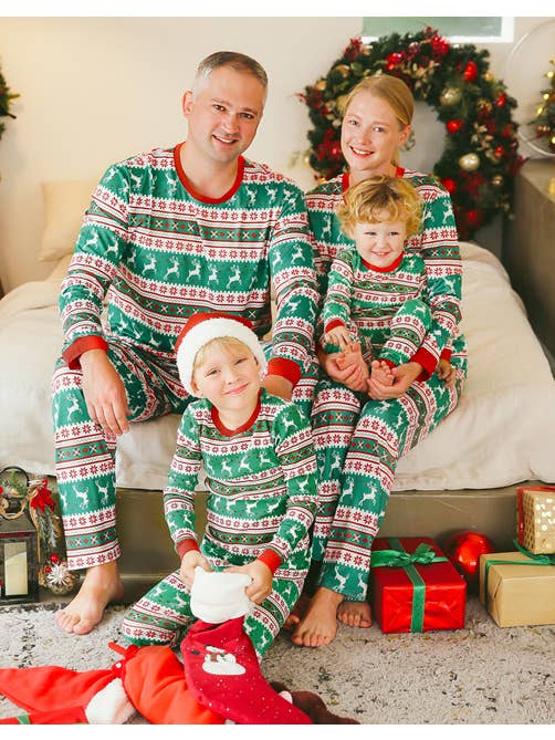 Multi Colored Noel Green Red Family Men Christmas Long Sleeve PJs for wholesale on Faire