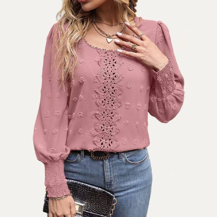 The Moment Collection - Wholesale Blouse - Dames - Altijd trendy Swiss Dot gehaakte top met lange mouwen van mesh5