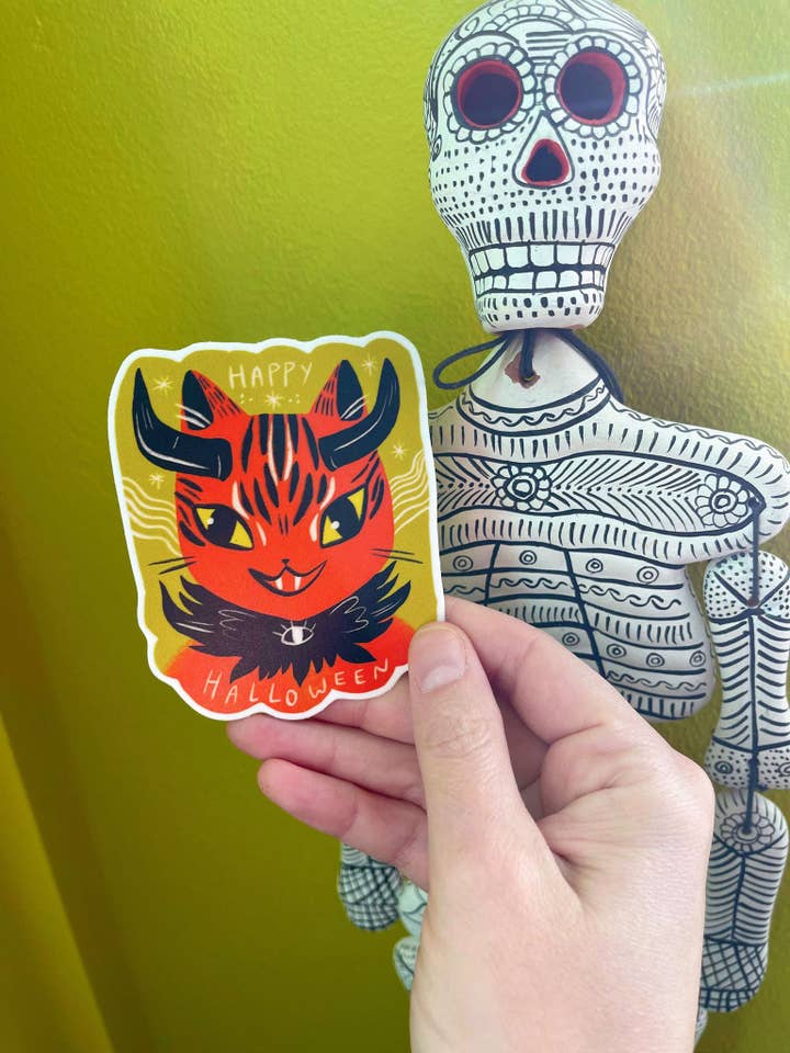 Happy Halloween Orange cat vinyl sticker for wholesale by Bunny Dee