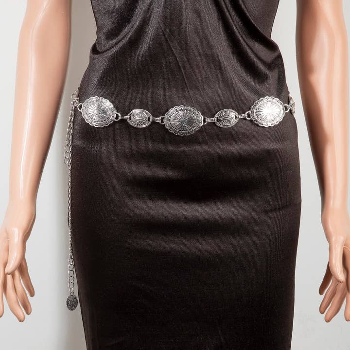 Collections by Fame Accessories - Wholesale Belt - Women's - Ornate Oval Concho Disc Chain Fashion Belt