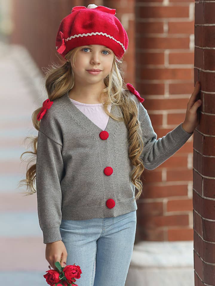 V Neck Button-Down Rib-knit Cardigan w/ Bow Accents for wholesale by Mia Belle Girls • Wholesale