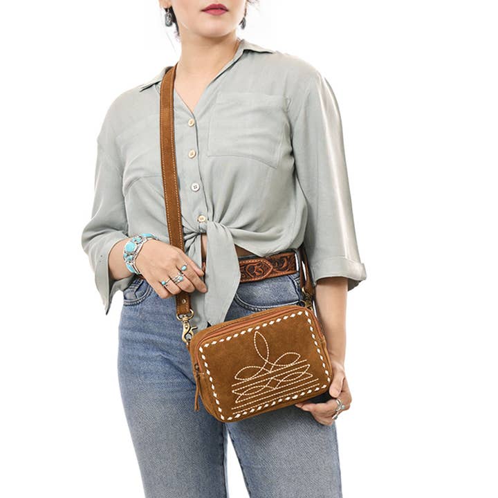 LS Western - Wholesale Crossbody Bag - Women's - ADBGA710 Suede Camera Bag - Western Stitch Detail with Adjustable Strap6