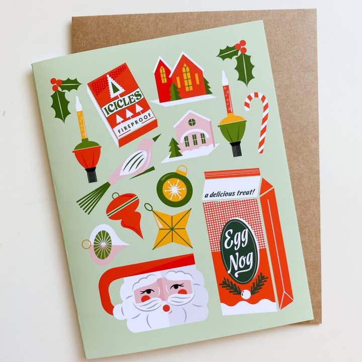 Bottlebrush Graphics - Vente Cartes de Noël - Carte de Noël rétro avec icônes de fête1