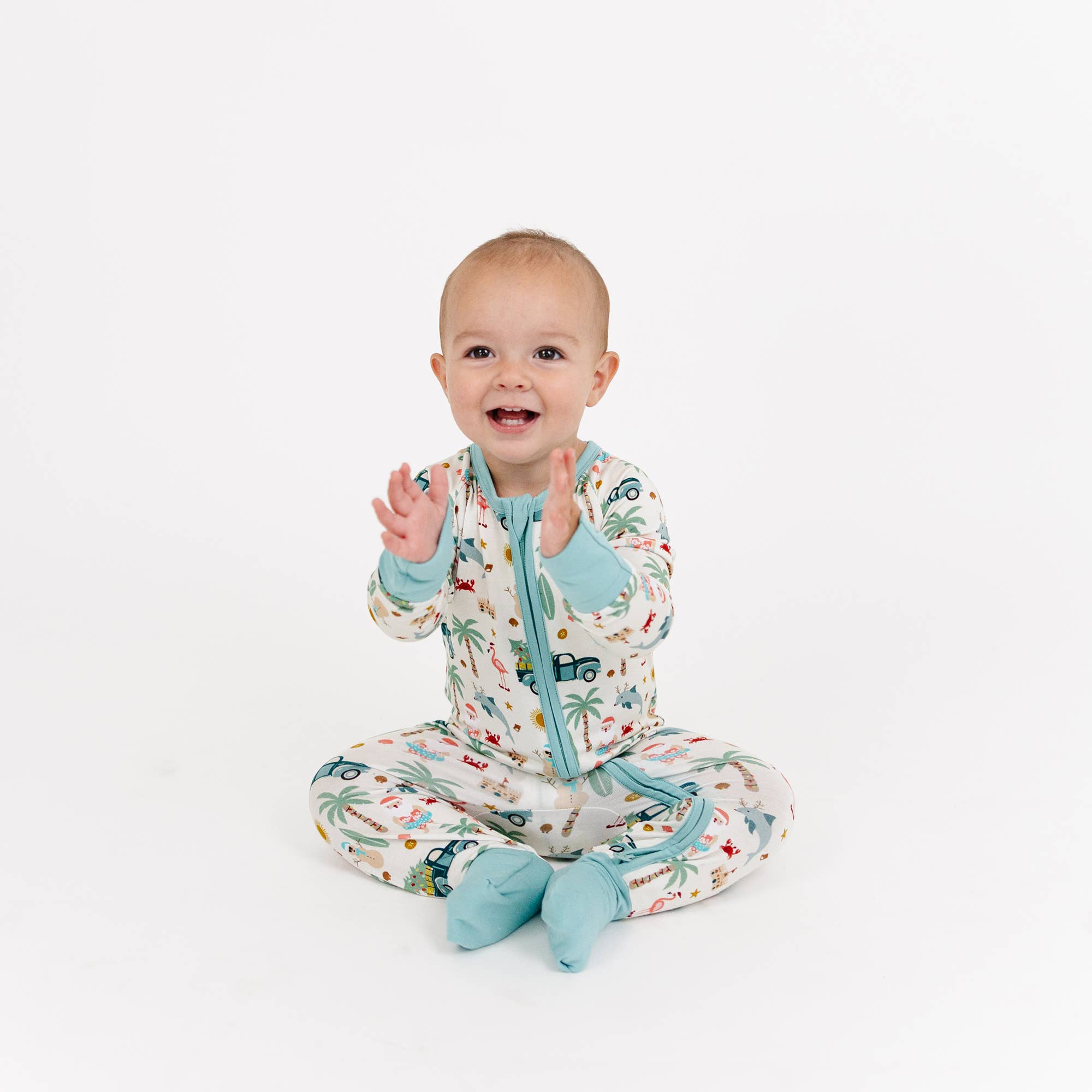 Beige Multi Coastal Christmas Bamboo Convertible Baby Pajama for wholesale on Faire1