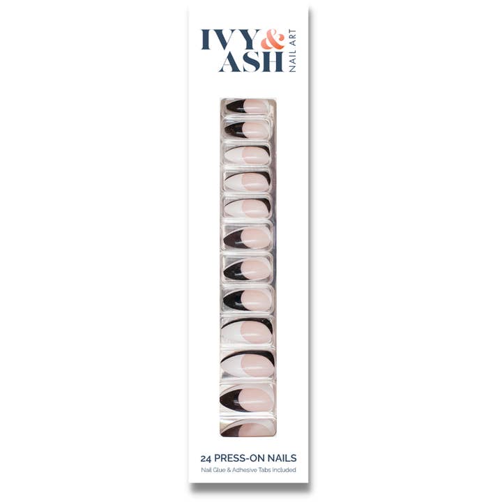 Ivy & Ash – Unhas falsas por atacado – Preto & Branco | Unhas Negro Swirl Swirl Tip Amendoeiras Press-Sobre Unhas0