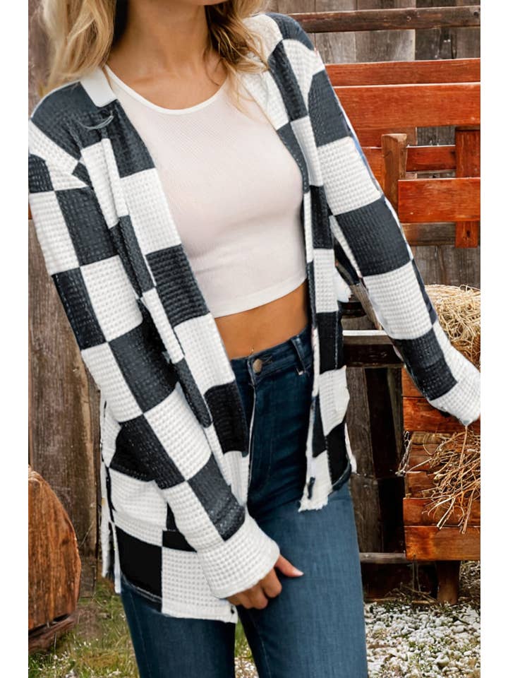 As shown Fashion Checkered Waffle Knit Thumbhole Open Front Cardigan for wholesale on Faire