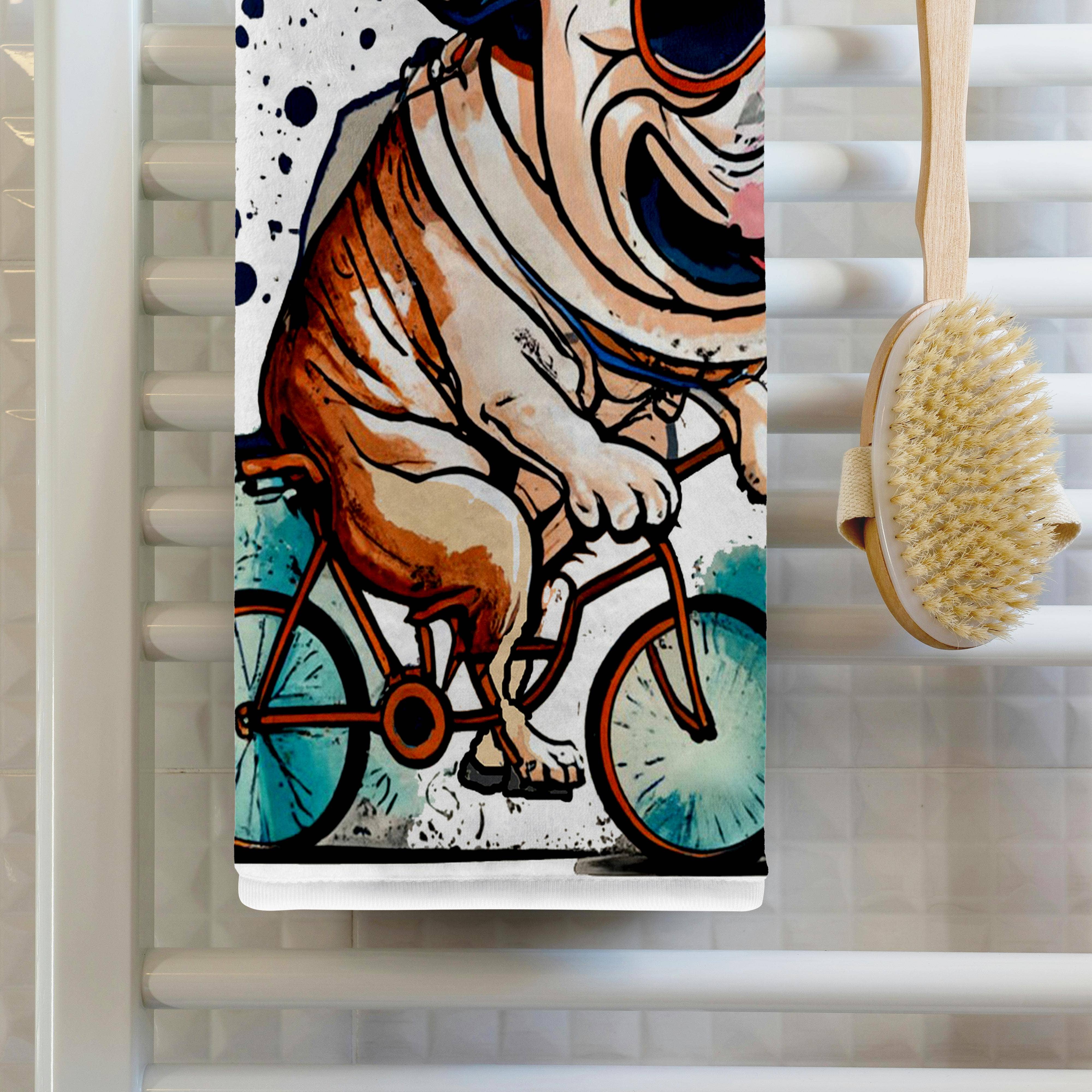 3dRose - Wholesale Bath Towel - 3dRose, Funny Cute French Bulldog Dog Riding Bicycle Bike Design, Towel1