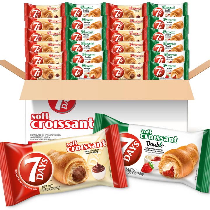 Croissant Moelleux, Pack Variété 2 Saveurs : 12 Chocolat, 12 Fraise Vanille (75g, Pack de 24) pour la vente par 7days Snacks