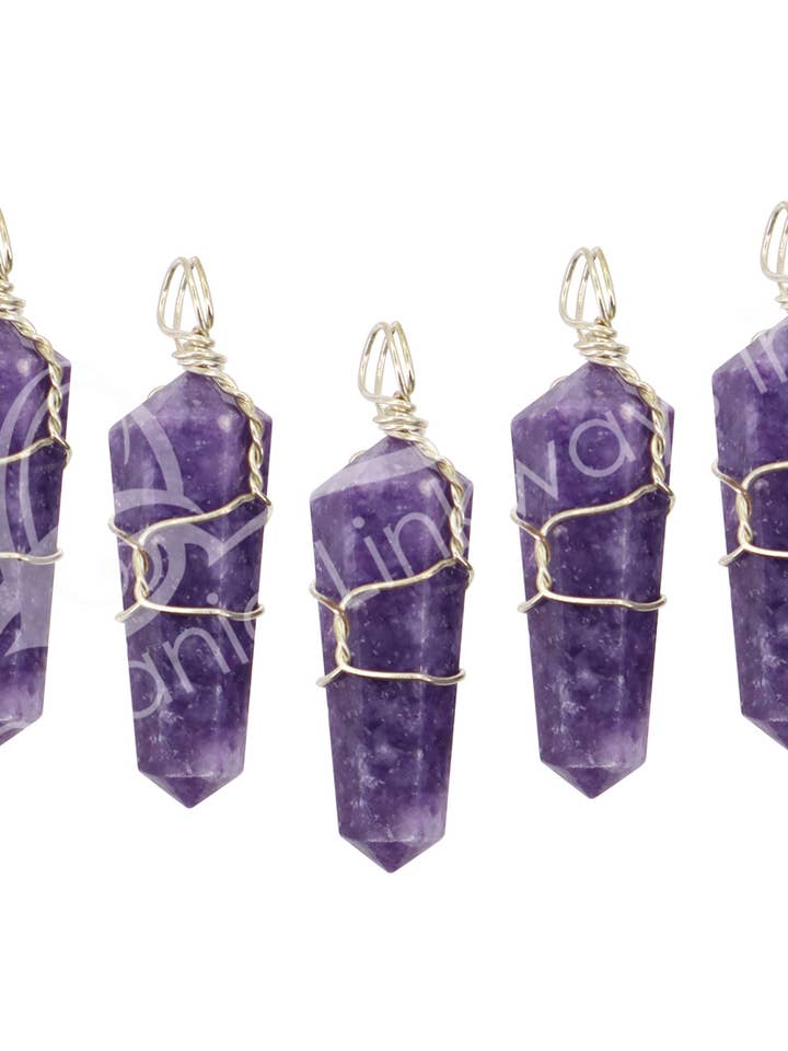 (PK 5)PENDANT - WIRE WRAP LEPIDOLITE (PK 5) 1.5"L for wholesale by Oceanic Linkways Inc