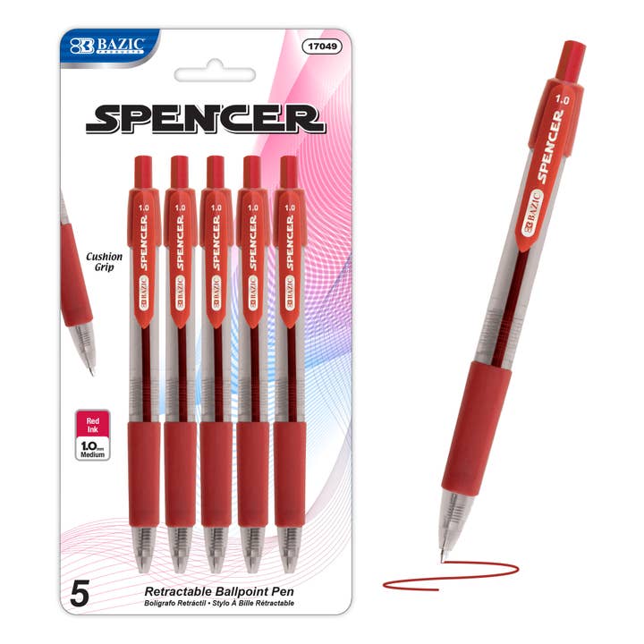 Spencer Red Retractable Pen w/ Cushion Grip (5/Pack) for wholesale by BAZIC Products