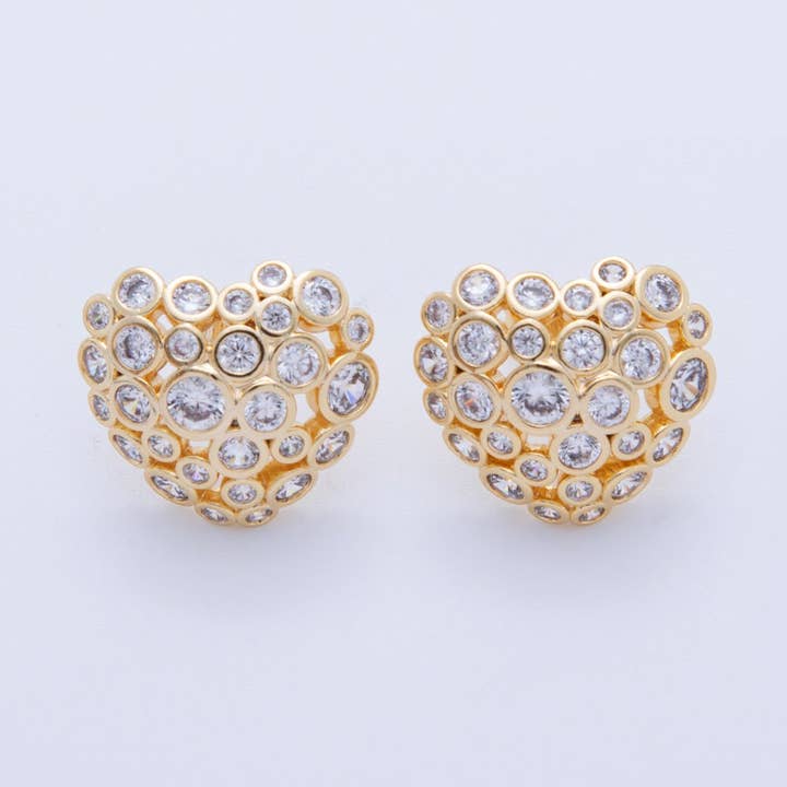 18K Gold Filled Clear CZ Dotted Dome Heart Stud Earrings | AI358 for wholesale by Aim Eternal