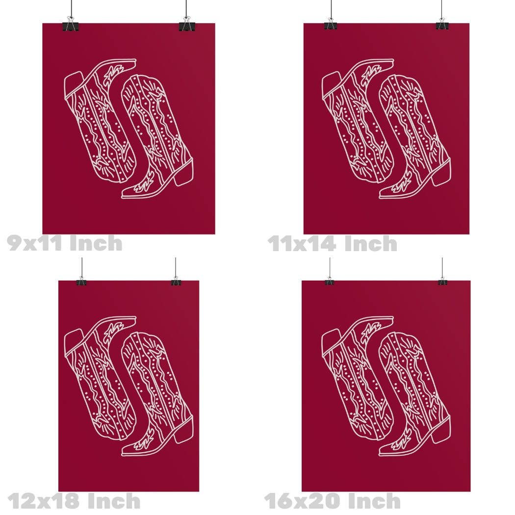 Honey Coast Print Co. - Wholesale Art Print - Deep Cherry Red Cowboy Boots Wall Art Print1
