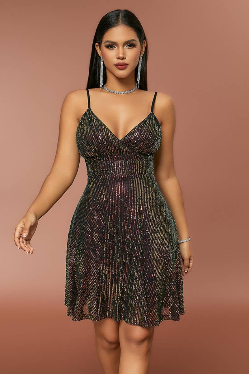 NINEXIS - Vente Robe – femme - CWDHL0369_ROBE COURTE SEXY À COL EN V ET À SEQUINS SANS MANCHES10