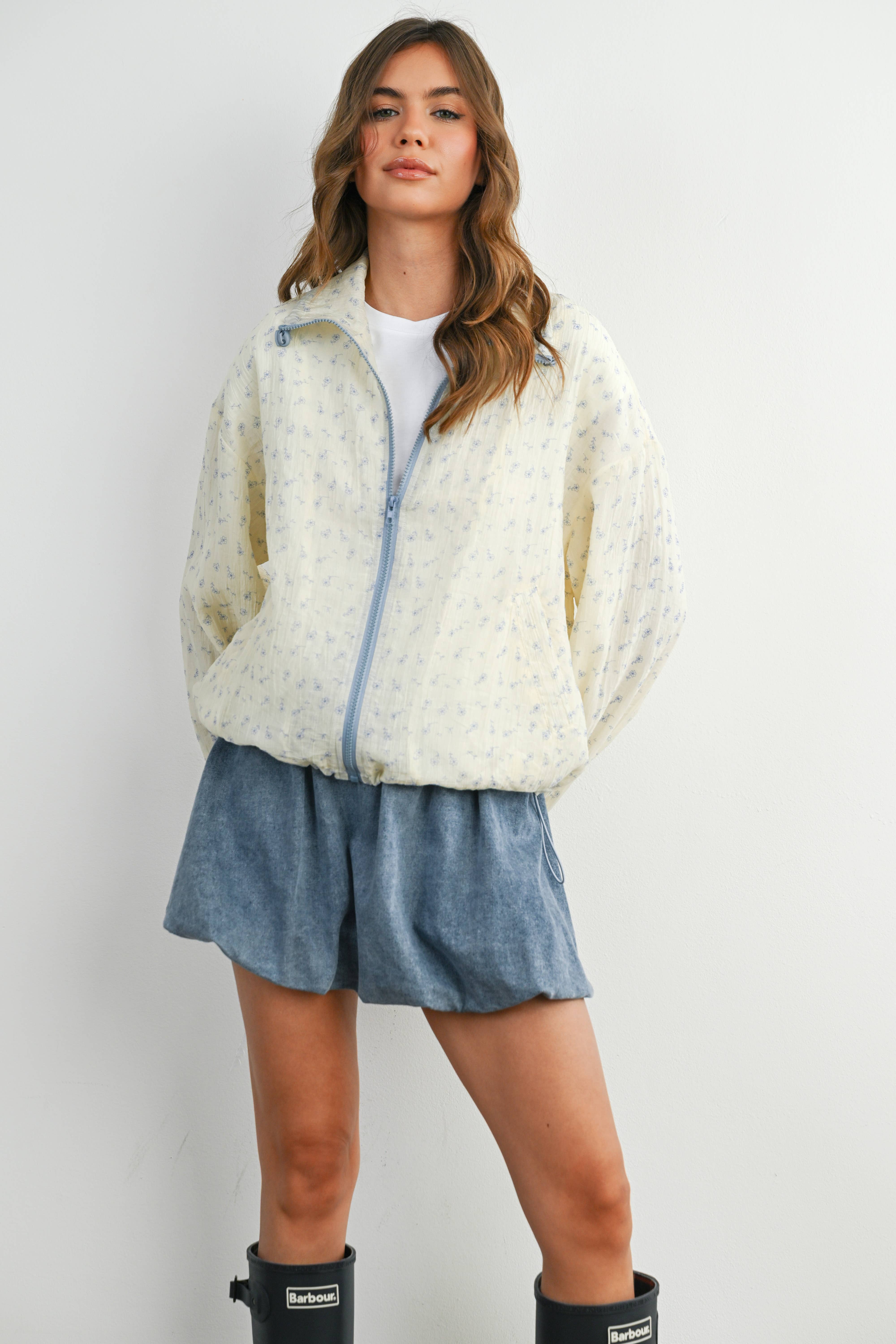 BUTTERMELON - Wholesale Jacket - Women's - Floral Zip-Up Collared Jacket - BMJ788210