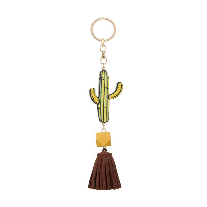 Brn CACTUS WOOD & TASSEL KEYCHAIN EK-7013 for wholesale on Faire
