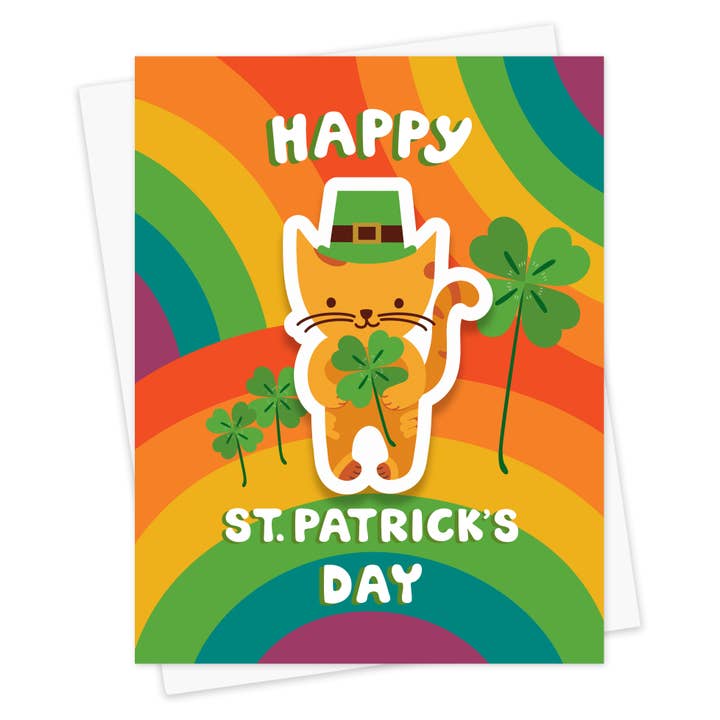 Clover Cat Sticker Saint Patrick's Day Card - St Paddy's Day for wholesale by Night Owl Paper Goods