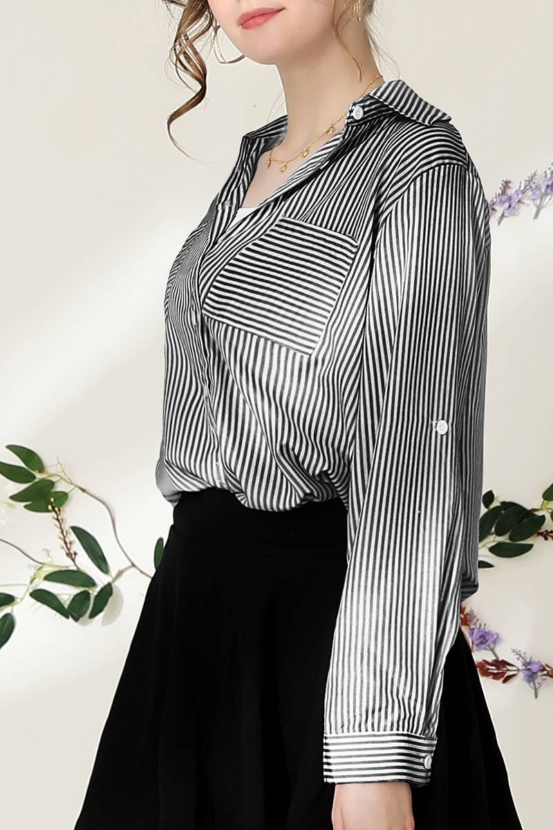 NINEXIS - Wholesale Button Down Shirt - Women's - CWTSTL716_Striped Button Down Long Sleeve Collared Shirts29