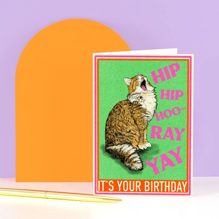 Fawn & Thistle Ltd (US Duties Paid) – postal de parabéns por atacado – Cartão de Aniversário Hip Hip Hooray com Gato | Cartão de Parabéns2