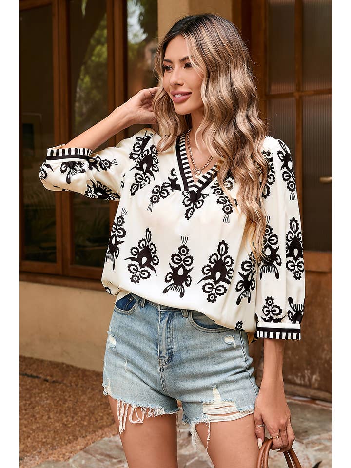 Little Daisy Closet - Wholesale Blouse - Women's - LDC Vintage Printed 3/4 Sleeve V Neck Blouse