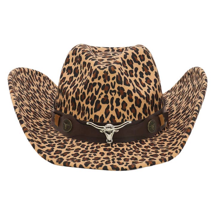 Cap Zone - Wholesale Cowboy Hat - Women's - Brown Longhorn Faux Leopard Felt Cowboy Hat5
