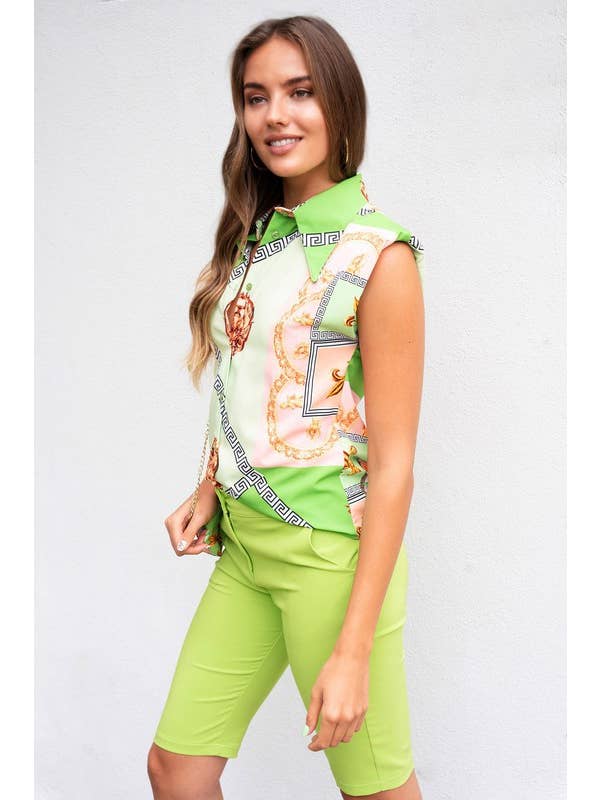 Green Pink Multi GEOMETRIC LION STATUE PRINT COLLARED TOP (23065-CHAINPURSE) for wholesale on Faire