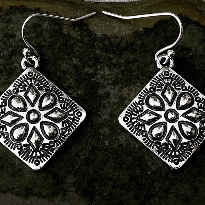 Silver Mexican Aztec Boho Dangle Earrings for wholesale by Tiger Flower Jewelry