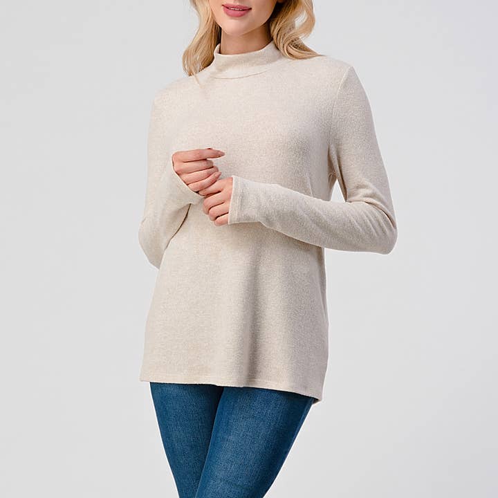 Heimious - Wholesale Knit Top - Women's - Mock Neck L-Sleeve Relaxed Fit Brushed Knit Top, T54817