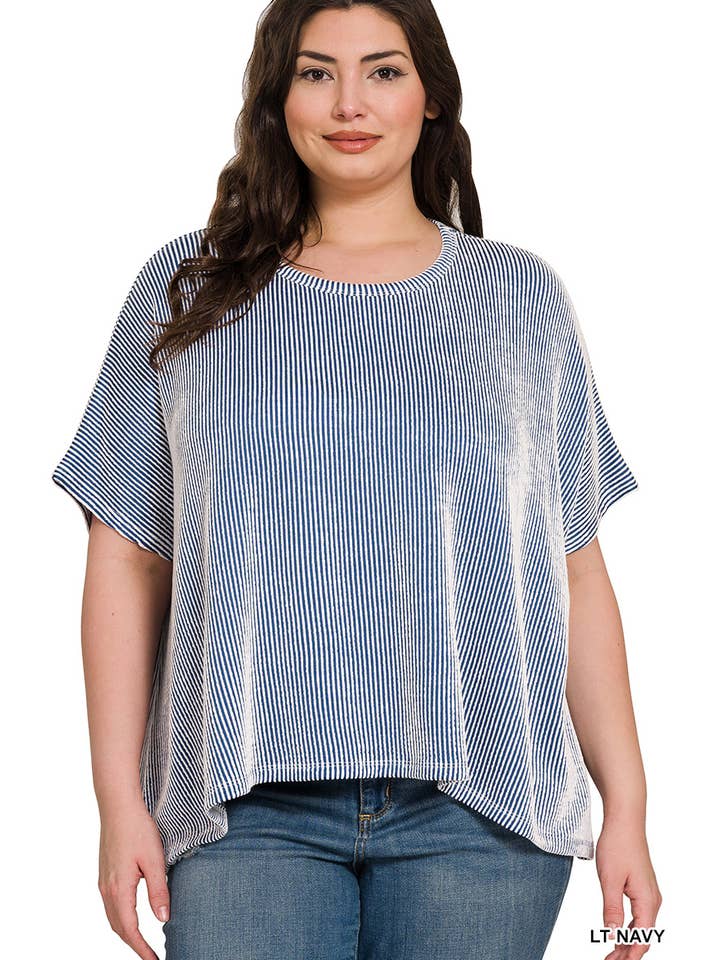 42POPS - Wholesale Knit Top - Women's - `.Plus size Ribbed Striped Oversized Short Slee18